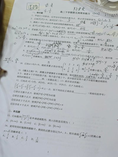 这是一张高二下学期第五周的数学周末练习纸质试卷，包含12道填空题与2道单选题，知识点覆盖概率统计、数列、函数极值与导数、条件概率、圆锥曲线等高中数学内容。试卷上有大量学生手写的解题过程、计算草稿与作答答案，部分题目已完成解答，其中第11题还结合了动漫《魔女之旅》的角色伊蕾娜出题，由高二（3）班许孙安供稿。