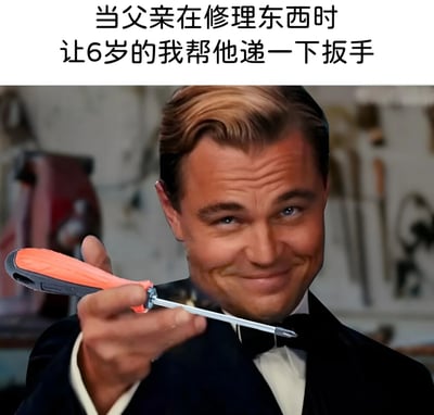 图片上方有文字“当父亲在修理东西时让6岁的我递一下扳手”，下方是莱昂纳多·迪卡普里奥穿着正式西装，却手持一把螺丝刀自信微笑的画面。通过正式着装与工具的反差，以及递错工具的幽默场景，展现了童年时帮父母做事却可能帮倒忙的有趣经历。