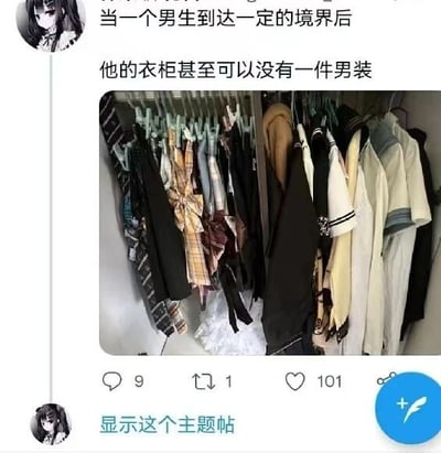 社交媒体截图，上方显示动漫风格女生头像及文字“当一个男生到达一定的境界后 他的衣柜甚至可以没有一件男装”，下方为实拍衣柜照片，挂满各类女装，包括格子裙、水手服、Lolita风格服饰等，未见明显男装。帖子界面显示9条评论、1次转发、101个点赞，底部有“显示这个主题帖”字样及蓝色分享按钮。整体通过反差幽默调侃部分男性对女装的喜爱。