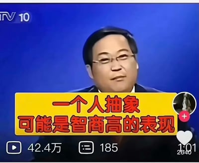 这是一张来自央视科教频道（CCTV10）栏目的节目截图，并经过网友二次加工，加大字号和黄色底框，突出“一个人抽象可能是智商高的表现”这个句子。常被用于网络段子、社交平台上自嘲或调侃，意指“抽象行为”——即看似离谱甚至不合常理的举动，其实可能源自高智商。网络语境中，“抽象”已成为夸张、搞笑的代称，带有一定幽默反差感。