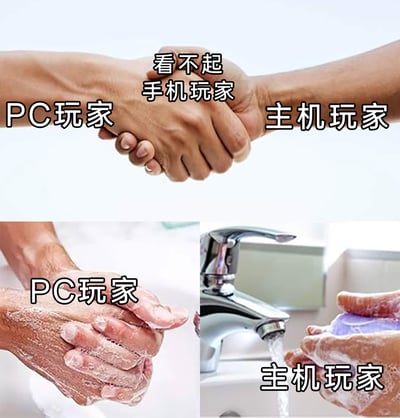 这是一张由上下两部分组成的连环梗图，上半部分呈现PC玩家和主机玩家的手紧紧握在一起，中间配文“看不起手机玩家”，营造出这两个玩家群体达成共识、共同排斥手机玩家的表象；下半部分分为左右两图，左侧是PC玩家满手泡沫，用力搓洗刚才和主机玩家握过的手，右侧是主机玩家在水龙头下用香皂清洗和PC玩家握过的手，同样满是泡沫。整图通过这种前后反差，调侃PC玩家和主机玩家看似一致对外，实则内心互相嫌弃对方玩家群体的微妙关系，是游戏圈用来戏谑不同平台玩家之间鄙视链的搞笑创作。