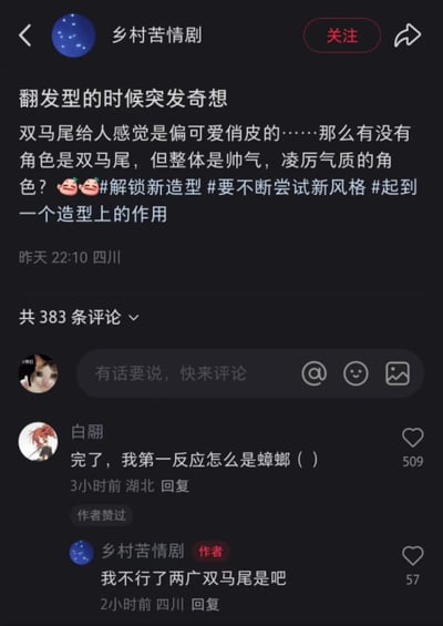 这是一张社交平台的图文帖子截图，作者“乡村苦情剧”发布内容称自己在翻发型时突发奇想，询问是否存在双马尾造型但气质帅气凌厉的角色，并附带#解锁新造型 #要不断尝试新风格 #起到一个造型上的作用 三个话题标签。评论区用户“白翮”回复称第一反应是蟑螂，作者随即玩梗回复“我不行了两广双马尾是吧”，这里是利用两广地区对蟑螂（曱甴）的普遍认知，将蟑螂的触角调侃为“双马尾”，形成搞笑的地域梗互动，该评论获得509个点赞，作者也对该评论进行了点赞。