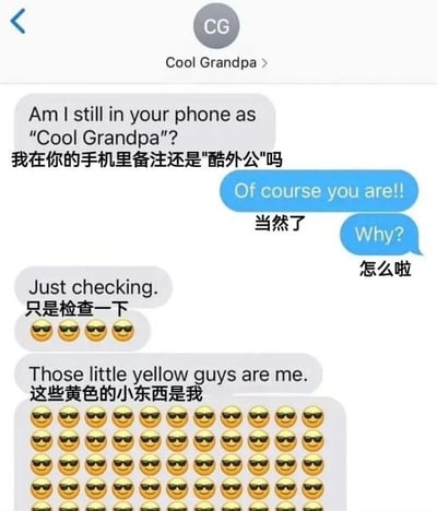 这是一段晚辈与备注为“酷外公（Cool Grandpa）”的长辈的聊天记录截图，界面模仿苹果iMessage样式。酷外公首先询问自己在对方手机里的备注是否还是“酷外公”，得到晚辈肯定答复后，表示只是确认一下，同时发送了四个戴墨镜的小黄脸表情；随后他又调侃“这些黄色的小东西是我”，紧接着发送了大量同款戴墨镜小黄脸表情，用充满童趣的方式呼应自己“酷外公”的备注定位，整个对话充满温馨感与趣味性，展现了隔代互动的可爱一面。
