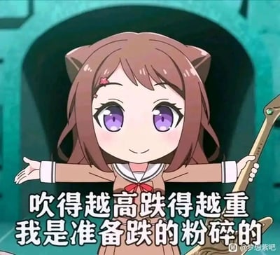本图是一张动画风格的梗图，画面中角色双手张开，手握吉他，底部有大字配文：“吹得越高跌得越重 我是准备跌的粉碎的”。整体表达了自嘲、调侃或即将遭遇巨大失败的心理状态，风格幽默，非常适合自黑或者调侃身边吹牛或立flag的人。该梗图适合在朋友圈、社交平台发图吐槽或自嘲。