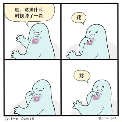 这是Dogmo Comics创作的四格搞笑卡通漫画，内容围绕一个浅蓝色小怪物展开：第一格中小怪物惊讶地发现自己胸口长出一块紫色肿块，发出疑问；第二格它用手指按压肿块，感到疼痛；第三格它面无表情地再次准备按压；第四格按压后又喊出疼，生动还原了现实中人们身上出现肿块时，明明知道按压会疼痛却忍不住反复去按的手欠行为，用简单的情节和角色传递出贴近生活的搞笑感。