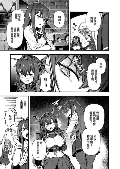 这是一组《舰队Collection》的同人黑白连环漫画，共包含5个分镜，讲述了轻松搞笑的角色互动：
1. 第一个分镜：朝潮双臂抱胸，表情严肃，对着他人表示面对战舰长门，必须遵守身为驱逐舰的礼仪；
2. 第二个分镜：满潮兴奋地喊着“快住手 满潮”，朝潮则被逗得开怀大笑；
3. 第三个分镜：朝潮脸红咬牙，似乎在强行忍耐，内心吐槽“没错 尽管对方是变态呢”；
4. 第四个分镜：满潮兴奋地举手呼喊“大潮！！拿过来！！”，朝潮立刻回应“好嘞！”；
5. 第五个分镜：长门露出惊讶又疑惑的表情，朝潮站在她身后，表示知道长门不会轻易开口，所以准备了特别的东西，长门则疑惑地重复“特…特别的东西…？”。
整个漫画偏向轻松搞笑的日常向风格，没有双关、谐音梗或暗示内容。