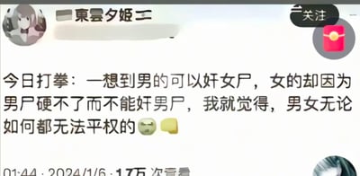 这是一张社交平台的帖子截图，用户“東昙夕姬二”发布了一段违背伦理、逻辑荒诞的言论，以“男性可以奸女尸，女性因男尸生理状态无法奸男尸”这种极端且低俗的假设，来得出“男女无论如何都无法平权”的结论，并配上了叹气和奶酪的表情，内容属于极端化的“打拳”式发言，该帖子获得了1.7万次查看。
无双关、谐音梗或暗示内容，仅为极端荒谬的观点输出。