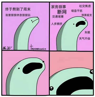 四格连环漫画描绘了一条浅绿色小蛇的周末经历：第一格（紫色背景）中小蛇开心地想“终于熬到了周末 我要狠狠休息狠狠玩”，表情期待；第二格（粉色背景）周围环绕着“家务琐事”“社交焦虑”“断网”“噪音干扰”“交通堵塞”“预算超支”“人多拥挤”“失眠”“天气不佳”等烦恼文字，小蛇表情转为震惊；第三格（浅粉色背景）小蛇嘴巴张大，呈现惊讶沮丧状；第四格（更深粉色背景）小蛇彻底崩溃，嘴巴张到最大尖叫。通过鲜明的色彩对比和角色表情变化，生动展现了当代人对周末的美好期待与现实中各种琐事干扰的强烈反差，引发共鸣。