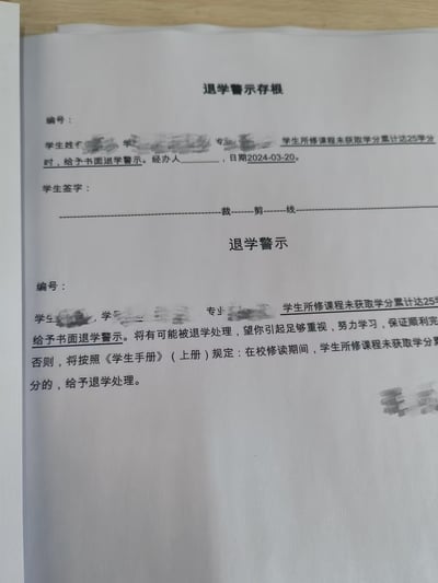 这是一份高校出具的学业预警文书，分为上下两部分，上方是退学警示存根，下方是给学生的退学警示通知，中间以裁剪线分隔。存根部分记录了学生因所修课程未获取学分累计达25学分，于2024年3月20日被给予书面退学警示，包含经办人、日期栏和学生签字栏；通知部分则明确告知学生若不改善学业状况，将按照《学生手册》规定被退学处理，文件中学生的姓名、学号、专业等个人信息均做了马赛克模糊处理，整体是严肃的教务管理类正式文件。