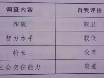 这是一张自制的自我评价表格，表格分为「调查内容」和「自我评价」两列，分别从相貌、智力水平、特长、社会交往能力四个维度进行评价，所有评价均为负面内容：相貌标注为「较丑」，智力水平标注为「较低」，特长标注为「没有」，社会交往能力标注为「较差」，整体传递出强烈的自我否定、自卑的情绪，常用来进行自我调侃。
无双关、谐音梗或暗示内容。