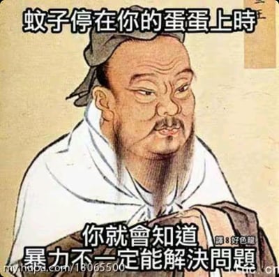 这是一张以孔子传统画像为基础二次创作的搞笑梗图，图上方配有繁体中文文字“蚊子停在你的蛋蛋上時”，下方配文“你就會知道 暴力不一定能解決問題”。它用一个生活化又略带尴尬的私密场景，以调侃戏谑的方式诠释“暴力并非万能”的道理，严肃的古代圣贤形象与接地气的搞笑段子形成强烈反差，放大了幽默效果，让人会心一笑。
