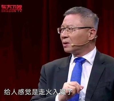 这是一张东方卫视谈话节目的视频截图，图中真实人物为学者张维为，他佩戴眼镜和发言耳麦，身着西装领带，表情严肃地坐着发言。图片底部被添加了文字“给人感觉是走火入魔了”，用于调侃或吐槽某人对某事投入过度、陷入偏执的状态，无谐音双关等特殊梗。