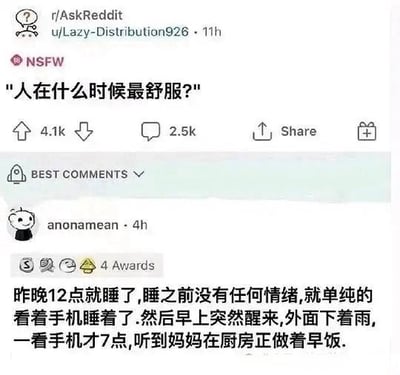 这是一张Reddit论坛帖子的中文屏幕截图，内容展示了Reddit的r/AskReddit板块中的一个提问帖，用户u/Lazy-Distribution926发出提问「人在什么时候最舒服?」，该帖子获得了4.1k点赞与2.5k评论。截图展示了该帖排名第一的高赞回答，匿名答主anonamean分享了一段温柔治愈的日常场景：前一晚12点自然入睡，早上突然醒来发现外面正在下雨，看时间才七点还可以继续休息，同时听到妈妈正在厨房做早饭，这个回答戳中了很多人的共鸣，获得了Reddit社区的4个奖项。