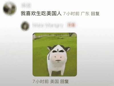 这是一张社交媒体评论区的截图，展示了两位不同地域用户的趣味互动：来自广东的用户发布了一条带有夸张玩梗意味的评论“我喜欢生吃美国人”，7小时后，来自美国的用户回复了一张经过图像合成的表情包，该表情包将人类严肃、愤怒的面部表情拼接在卡通牛的身体上，站立在绿色草地背景中，用拟人化的愤怒形象回应了前者的玩笑式发言，形成了充满反差感的搞笑互动效果，体现了网络评论区中网友用玩梗和表情包互动的常见趣味场景。