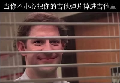这是一张趣味错位改图梗，创作者将吉他琴弦P到美剧《办公室》人物吉姆的表情包原图上，让人物脸部从琴弦缝隙中露出，模拟出人物掉进吉他里的视觉效果，搭配顶部文字“当你不小心把你的吉他弹片掉进吉他里”，用拟人化的创意改编，调侃吉他手不小心把弹片掉进吉他音腔里难以取出的尴尬又好笑的常见窘境，图中人物憋屈无奈的苦笑放大了这种窘境的搞笑感。