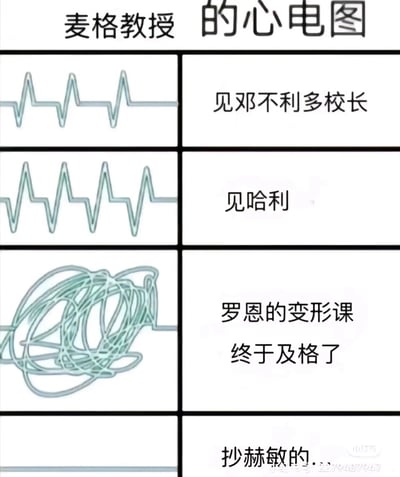 这是一张基于《哈利·波特》IP创作的趣味梗图，通过四种不同状态的心电图，具象化呈现麦格教授面对不同场景时的情绪变化：见到邓布利多校长时，心电图平稳规律，表现出从容的状态；见到哈利时，心率有所加快，暗示哈利常带来状况；得知罗恩的变形课终于及格时，心电图彻底混乱成团，体现出麦格教授的震惊与不敢置信；最后看到“抄赫敏的”这个真相时，心电图变成直线，夸张地表现出麦格教授的无奈与无语，用幽默的方式调侃了原著中罗恩学习成绩不佳、常依赖赫敏的设定。