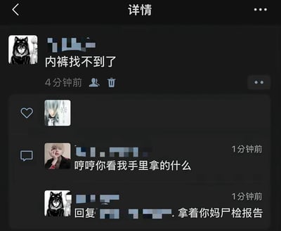 这是一张深色模式下的社交媒体动态详情页截图，首先是匿名用户发布了内容为「内裤找不到了」的动态，发布时间显示为4分钟前；有另一名匿名用户在评论区留下玩笑性质的留言「哼哼你看我手里拿的什么」，但发布动态的用户却直接回复了极其恶毒刻薄的人身攻击内容「拿着你妈尸检报告」，完整展现了网络场景中部分用户毫无缘由恶意出口伤人的现象。