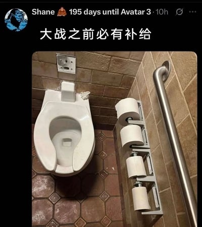 这是一张在社交平台传播的搞笑梗图，整体为社交媒体发布截图格式，顶部是发布者Shane的账号头像、名称以及附带的「距离阿凡达3上映还有195天」的账号签名信息，下方配有中文配文「大战之前必有补给」；配图为公共卫生间的实拍场景：白色马桶旁的墙面上安装了一个可同时放置四卷卫生纸的支架，四卷卫生纸均已安装完毕备货充足，旁侧还安装了无障碍扶手，用夸张的备纸量将上厕所的行为调侃成需要充足物资准备的「大战」，笑点十足，贴合大众日常生活体验。