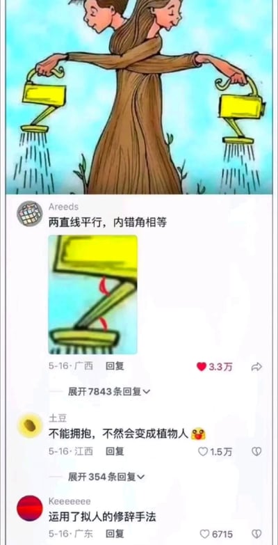 这是一张图文混排的内容，上方是一幅视觉错位的卡通插画：一男一女两个卡通人物，他们的身体和交叉的手臂被设计成类似树干的形态，两人面带微笑，各自手持黄色浇水壶正在浇水，利用视觉错觉营造出仿佛两人和植物融为一体的趣味画面。下方是社交媒体的评论区截图，有三条高赞神评论：用户Areeds用数学知识点“两直线平行，内错角相等”来对应图中浇水壶的角度玩梗，获得3.3万点赞；用户土豆用“植物人”的谐音梗（图中两人身体形似植物树干，拥抱会更像植物）玩梗，获得1.5万点赞；用户Keeeeeee调侃图“运用了拟人的修辞手法”，获得6715点赞，三条评论都充满创意，让原本的视觉梗图更添趣味。