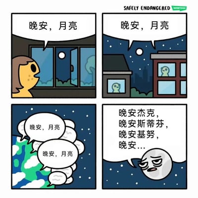 四格连环漫画描绘了不同人向月亮道晚安的幽默场景：第一格中黄皮肤棕发角色望向窗外说“晚安，月亮”；第二格另一建筑里的绿色小人同样道晚安；第三格从地球视角有多组“晚安，月亮”的对白气泡；第四格拟人化的月亮面露疲惫，无奈地回应“晚安杰克，晚安斯蒂芬，晚安基努，晚安...”，展现月亮被无数人问候后的疲惫感。