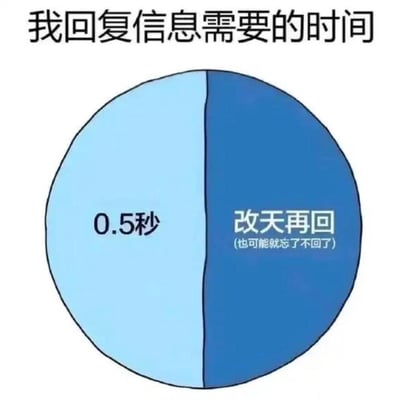 一张幽默展示回复信息时间的梗图，上方标题为“我回复信息需要的时间”，下方是一个被平均分成两半的圆形。左半部分(浅蓝色)标注“0.5秒”，右半部分(深蓝色)标注“改天再回”并配有小字“(也可能就忘了不回了)”。通过夸张的对比，幽默地表现了人们回复信息时的两种极端情况：要么秒回，要么拖延甚至忘记回复。