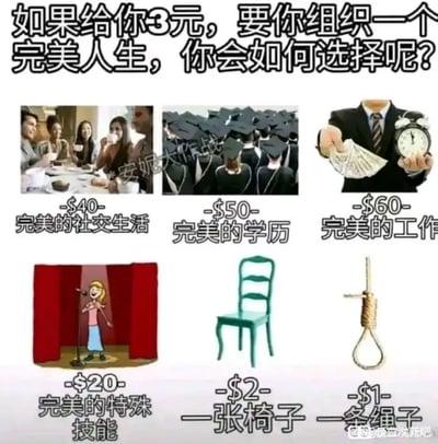这是一张图文混排的网络梗图，顶部以提问的形式引出主题“用3元组建完美人生”，下方展示了六个不同的选项及对应的“花费”：完美的社交生活（40美元）、完美的学历（50美元）、完美的工作（60美元）、完美的特殊技能（20美元）、一张椅子（2美元）、一条绳子（1美元）。其中代表优质生活、个人发展的核心选项价格都远高于3元，只有椅子和绳子的总价刚好为3元，图中用这种强烈的价格反差，以黑色幽默的方式调侃了当代人在面对高昂的生活成本、巨大的生存压力时，似乎只剩下绝望的选择，是对现实困境的戏谑化表达。