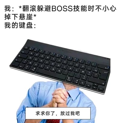 这是一张经过P图改编的搞笑游戏吐槽梗图，采用图文混排的形式呈现。图中上方文字描述了玩家在游戏中的操作场景：“我：*翻滚躲避BOSS技能时不小心掉下悬崖*”，随后引出“我的键盘：”；下方是一张真人P图，真人的头部被替换成了黑色键盘，双手合十做出祈求的姿态，下方配文“求求你了，放过我吧”。这张图通过将键盘拟人化的创意，把玩家在游戏中操作失误、翻车时的无奈与崩溃情绪，借由“键盘求饶”的形式生动表现出来，精准戳中游戏玩家在操作失误时的共鸣点，用幽默的方式调侃游戏里的窘迫瞬间。