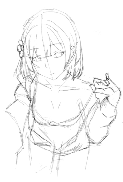 一张黑白线稿素描，描绘了一个动漫风格的女孩。她有着短发，头发上戴着花朵发饰，正做出一个手势。这幅画具有随意、未完成的质感，可见明显的素描线条。