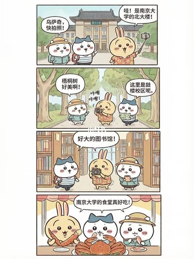 这是一组四格连环治愈系漫画，使用日本人气IP吉伊卡哇（ちいかわ）的三个角色——吉伊、哈奇、乌萨奇，展现了他们游览南京大学鼓楼校区的全过程：
1. 第一格：三人在南京大学北大楼前，乌萨奇举着自拍杆兴奋拍照，吉伊催促乌萨奇记录下标志性的北大楼；
2. 第二格：三人漫步在种满梧桐树的校道上，吉伊感叹梧桐树的美丽，哈奇介绍这里是鼓楼校区，乌萨奇拿着相机不停按下快门；
3. 第三格：三人走进南京大学图书馆，哈奇和吉伊惊叹图书馆的规模，乌萨奇用相机记录下这一场景；
4. 第四格：三人在学校食堂享用美食，开心地称赞南京大学食堂的饭菜美味。
漫画用可爱的画风，依次呈现了南京大学鼓楼校区的标志性场景，充满温馨治愈的氛围。
