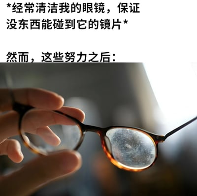 图片上方配有文字'经常清洁我的眼镜，保证没东西能碰到它的镜片'，表达了对保持眼镜镜片洁净的努力。然而下方文字'然而，这些努力之后：'引出实际画面——一只手拿着一副眼镜，其中一片镜片布满明显的污渍和灰尘，形成理想与现实的幽默对比，展现了戴眼镜人群清洁镜片却总难保持洁净的无奈日常。