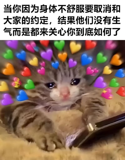 图片上方是一段文字：'当你因为身体不舒服要取消和大家的约定，结果他们没有生气而是都来关心你到底如何了'。下方是一只可爱的小猫，它有着大大的眼睛，周围环绕着许多彩色的爱心图案，小猫正看着一部手机，整体画面传达出温暖和感动的氛围。