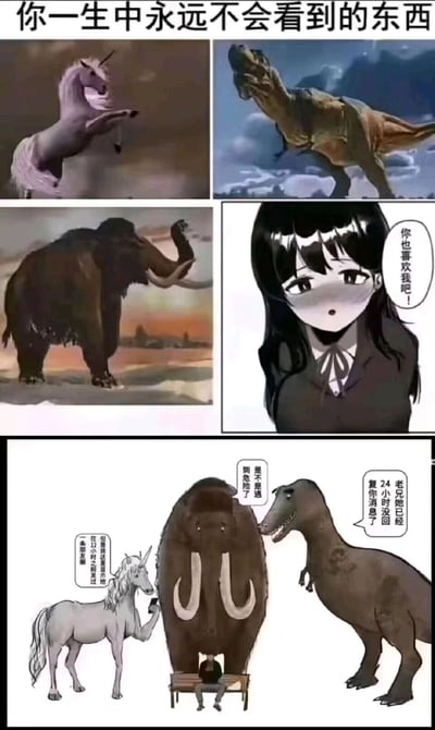 这是一张由多图拼接而成的搞笑自嘲梗图，顶部标题标注“你一生中永远不会看到的东西”，上方四格图分别展示了传说生物独角兽、已灭绝的霸王龙与猛犸象，以及向人害羞告白的动漫女生，暗示“被女生告白”和这些罕见/已消失的事物一样，是几乎不可能发生的事；最后一格图中，三种生物围在坐在长椅上的失落单身男性身边，霸王龙告知男性“她已经24小时没回复你消息了”，猛犸象疑惑是否对方遇到危险，独角兽则拿出手机表示“她12小时前还发过朋友圈”，用夸张的反差感调侃单身男性在被告白后，遭遇对方不回消息却更新社交动态的扎心现实，既讽刺了这种社交行为，也表达了单身群体的情感困境与自嘲。