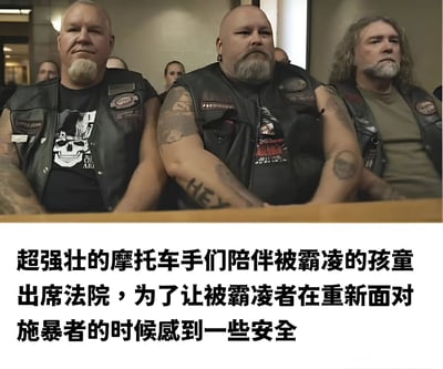 图片展示了三位体格健壮的摩托车手坐在法庭环境中，他们穿着黑色皮背心，手臂上有明显纹身，表情严肃。图片下方配有文字说明：超强壮的摩托车手们陪伴被霸凌的孩童出席法院，为了让被霸凌者在重新面对施暴者的时候感到一些安全。这张图片体现了社区力量支持受害者、反对霸凌的积极主题。