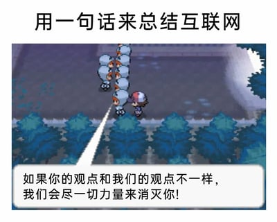 这是一张用来调侃互联网舆论环境的吐槽梗图，顶部配有文字“用一句话来总结互联网”，下方是改编自《宝可梦》系列游戏的像素风格截图。画面中一群统一着装的角色将主角团团围住，对话框内的文字“如果你的观点和我们的观点不一样，我们会尽一切力量来消灭你！”，精准讽刺了互联网上部分群体容不下不同声音、党同伐异的极端舆论现象，用游戏里的对峙场景具象化了网络上观点对立时的激烈冲突，直白地戳中了网络舆论环境中存在的一言堂、排斥异见的问题。