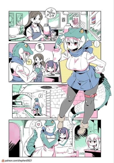 四格漫画描绘了鳄鱼头少女在理发店的趣味互动。第一格：人类理发师手持剪刀疑惑地看向鳄鱼少女，气泡中显示“✂️?”；第二格：鳄鱼少女摆出姿势，气泡中出现“$?”，理发师露出惊讶表情“!!”，紫色短发小女孩在旁观望；第三格：鳄鱼少女独自走在有梯子的砖墙房间；第四格：鳄鱼少女与紫色短发小女孩亲密互动，旁边红发白裙女孩注视，画面充满可爱轻松氛围。