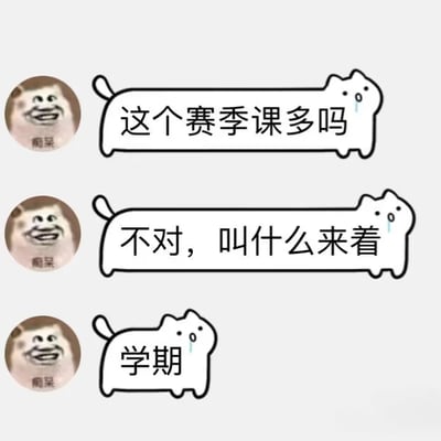这是一张由三部分组成的连环搞笑梗图，每一部分的左侧都配有一张带有“痴呆”水印的搞怪人脸表情包，右侧是猫咪造型的对白气泡框。图中内容呈现了一个有趣的场景：角色因长期接触游戏中的“赛季”词汇，在询问课程多少时顺口说出“这个赛季课多吗”，随后立刻意识到用词错误，短暂疑惑后才纠正为正确的“学期”。这个内容生动地调侃了游戏爱好者被游戏用语深度影响，日常表达出现“串台”的搞笑状态，容易让有类似经历的人产生共鸣，整体风格轻松滑稽。
