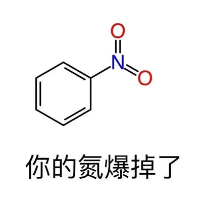 这是一张结合化学知识的趣味梗图，图片上半部分展示了硝基苯的化学结构式，呈现出苯环与硝基（-NO₂）相连的化学结构；下半部分配有文字“你的氮爆掉了”，利用“氮”与“蛋”的谐音，将化学结构中的氮元素与网络玩笑话结合，用低俗谐音的方式制造搞笑效果，属于网友创作的趣味玩梗内容，适合在社交平台或化学爱好者圈子里传播。
