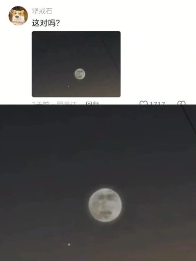 这是一张社交媒体发布内容的截图，整体分为上下两个部分。上方是用户「犟戒石」发布的动态，包含一张夜空实拍图，图中一轮月亮悬挂在夜空，下方有一颗明亮的星体，用户配文「这对吗？」，动态下方显示发布于3天前的黑龙江，获赞1717次；下方是上方夜空图的放大版本，月亮的细节更加清晰，那颗明亮的星体依然在月亮下方的位置。用户的疑问源于对这一天象的不解，实际上这是正常的「行星合月」天文现象，大概率是木星合月，木星亮度高，常与月亮同框出现，这类天体同框是天体运行的正常结果，是合理的天文场景。