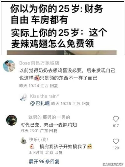 本梗图用幽默、反差的方式展现了现代年轻人对25岁生活状态的真实感受。上方用大号字体写着“你以为你的25岁：财务自由 车房都有”，下方则写着“实际上你的25岁：这个麦辣鸡翅怎么免费领”。画面下方配合了网友的评论，贴切地描述了从“想象中的人生高光”到“现实琐碎小确幸”的强烈反差。
没有明显谐音梗或双关，但通过对预期和现实的巨大落差制造幽默，引发共鸣。