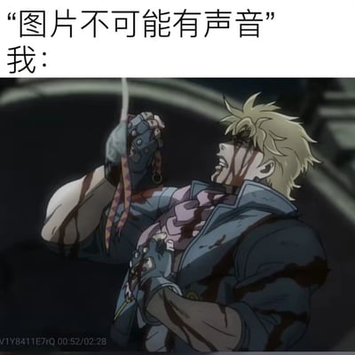 这是一张针对JOJO粉丝的共鸣梗图，上方配文“图片不可能有声音”和“我：”，下方是《JOJO的奇妙冒险：战斗潮流》中西撒·安东尼奥·齐贝林牺牲前的经典名场面截图：西撒浑身是伤，面部带着血迹，高举着自己用生命留下的波纹线。看过这个场景的粉丝会立刻联想到这段剧情的悲壮bgm和西撒的台词，因此会产生“图片自带声音”的强烈共鸣，用这个名场面来反驳“图片不可能有声音”的说法，精准戳中JOJO粉丝的共同记忆。
