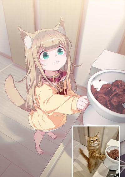 一张AI生成的动漫风格插画，描绘了一个有着猫耳和猫尾的金发少女，她正站在马桶前，伸手触碰马桶里的深红色肉块。少女有着绿色的大眼睛和可爱的表情，穿着黄色的卫衣，脖子上戴着红色项圈。画面右下角有一个小图，显示了一只真实的橘猫站在相似位置，做出类似动作，暗示这是AI根据真实猫咪照片创作的拟人化作品。