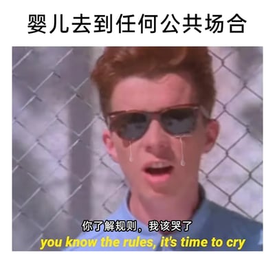 这是一张基于经典Rickroll梗图改编的搞笑吐槽图，顶部文字“婴儿去到任何公共场合”点明核心主题，图中是被P上眼泪的Rick Astley，搭配中英文配文“你了解规则，我该哭了”，用幽默戏谑的方式吐槽了婴儿一进入公共场合就会哭闹的普遍育儿场景，借助经典梗的传播度放大了这种场景里的无奈与共鸣感。