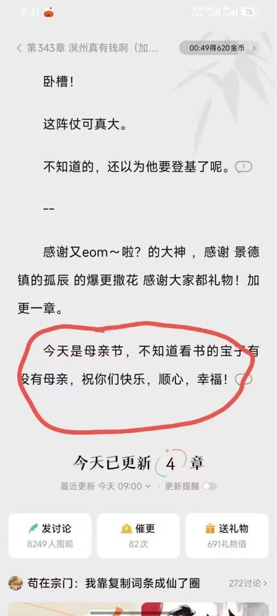 这是一张国内网文阅读平台的章节页面截图，页面顶部显示当前为小说《溟州真有钱啊》的第343章相关内容，首先显示了读者的吐槽内容：“卧槽！这阵仗可真大。不知道的，还以为他要登基了呢。”；接下来是作者发布的内容，先对打赏的读者表示感谢并告知会加更一章，之后的母亲节祝福内容被红色圈出，内容为“今天是母亲节，不知道看书的宝子有没有母亲，祝你们快乐，顺心，幸福！”，该表述存在严重歧义，极易被误解为恶意诅咒读者没有母亲，引发争议；页面底部显示该作品当日已更新4章，设有发讨论、催更、送礼物三个功能按钮，还附带了另一本小说《苟在宗门：我靠复制词条成仙了圈》的讨论入口。