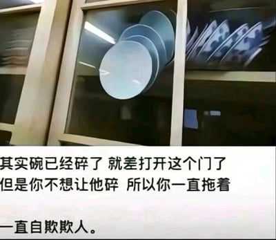 图片分为上下两部分，上半部分是一个带有玻璃门的橱柜，柜门的反光形成了碗完好叠放的视觉错觉，但实际柜内的碗已经破碎，只是未打开柜门直面这个结果；下半部分配有黑色文字：“其实碗已经碎了 就差打开这个门了 但是你不想让他碎 所以你一直拖着 一直自欺欺人。”，该图文用橱柜里碎碗的场景作为隐喻，生动描绘了人们在面对已经发生的糟糕结果时，不愿接受现实、选择逃避、自我欺骗的心态，通过视觉错觉和文字的结合，引发观者在情感、生活、人际关系等场景中的共鸣。