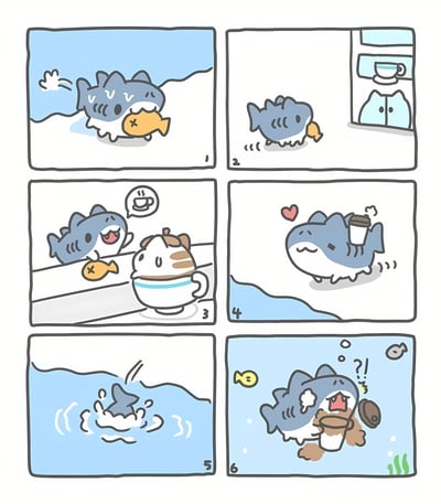 这是一组六格连环漫画，讲述了一只可爱的蓝色小鲨鱼的有趣冒险。第一格：小鲨鱼在水中开心地捕到了一条黄色的小鱼；第二格：小鲨鱼带着小鱼走上陆地，看到窗户里的咖啡杯；第三格：小鲨鱼和一个猫咪造型的咖啡杯开心地对话，对话气泡里是咖啡的图案；第四格：小鲨鱼头顶爱心，开心地拿着咖啡杯；第五格：小鲨鱼带着咖啡杯跳回水中；第六格：小鲨鱼在水中发现咖啡杯漏水，一脸困惑。整个漫画风格可爱，色彩明快，充满童趣。