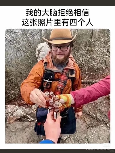 这是一张充满视觉错觉的户外照片，图片上方配有文字“我的大脑拒绝相信这张照片里有四个人”。画面呈现的是户外枯树林场景，前景有一只穿着蓝色袖口衣服的手举着小酒瓶，右侧是一只戴着黄橙配色手套的手也举着小酒瓶，中间是一位穿着橙色外套、戴着棕色帽子和黑框眼镜的男子，他同样举着小酒瓶，似乎在和其他人碰瓶。而容易被忽略的是，在男子身后的枯树之间，还有一位穿着浅色衣服的人背对着镜头站立，这四个元素分别对应照片里的四个人，因为背景人物和树林环境融合度高，形成了视觉上的隐藏效果，需要仔细观察才能发现。