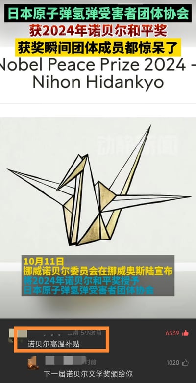 这是一张国内短视频平台的截图，上方是2024年诺贝尔和平奖的新闻内容：日本原子弹氢弹受害者团体协会（Nihon Hidankyo）获2024年诺贝尔和平奖，10月11日由挪威诺贝尔委员会在奥斯陆宣布，配图是象征和平的折纸千纸鹤。下方是网友的评论区，其中一条来自云南的高赞评论（获6539赞）玩了谐音梗，将“诺贝尔和平奖”谐音调侃为“诺贝尔高温补贴”，十分搞笑。
谐音梗说明：“和平奖”与“高温补贴”发音相近，网友用这种接地气的调侃方式来玩梗。