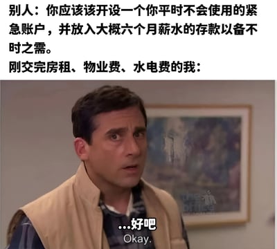 这是一张幽默梗图，上方文字描述了别人建议开设紧急账户并存入六个月薪水的财务建议，而下方则是刚交完房租、物业费和水电费的自己。图片使用了《The Office》中Michael Scott困惑表情的截图，配合文字"...好吧"，形成了强烈的反差幽默，反映了年轻人面对财务压力时的无奈与现实困境。