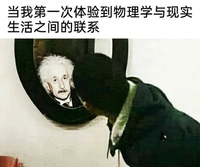 这是一张创意P图梗图，顶部配有文字“当我第一次体验到物理学与现实生活之间的联系”。画面中一只深色的狗正低头看向轮胎的孔洞，孔洞里被P入了物理学家爱因斯坦的肖像，营造出狗在“照镜子”时看到爱因斯坦的视觉错觉。图中用这种幽默夸张的方式，调侃普通人初次接触并感受到物理学科的深奥与奇妙时，仿佛自己和伟大的物理学家产生了某种精神连接，将抽象的学习体验具象化，通过视觉错位制造出荒诞又好笑的效果，精准戳中学习物理时那种既困惑又仿佛触摸到真理的复杂心情。