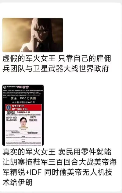 这是一张上下对比式梗图，通过动漫角色与真实人物的反差制造趣味：
上方是动漫《军火女王》中的主角蔻蔻·海克梅迪亚，配文称其为「虚假的军火女王」，描述她依靠雇佣兵团与卫星武器大战世界政府的夸张虚构设定；
下方是美国FBI发布的真实通缉令，通缉对象为刘宝霞，赏金高达1500万美元，配文标注「本拉登也不过才1000万」，并调侃她是「真实的军火女王」，靠售卖民用零件让胡塞武装与美军、以色列国防军对抗，还向伊朗提供美国无人机技术，用现实事件的戏剧性对比动漫的虚构剧情，凸显现实比虚构更离谱的反差感。